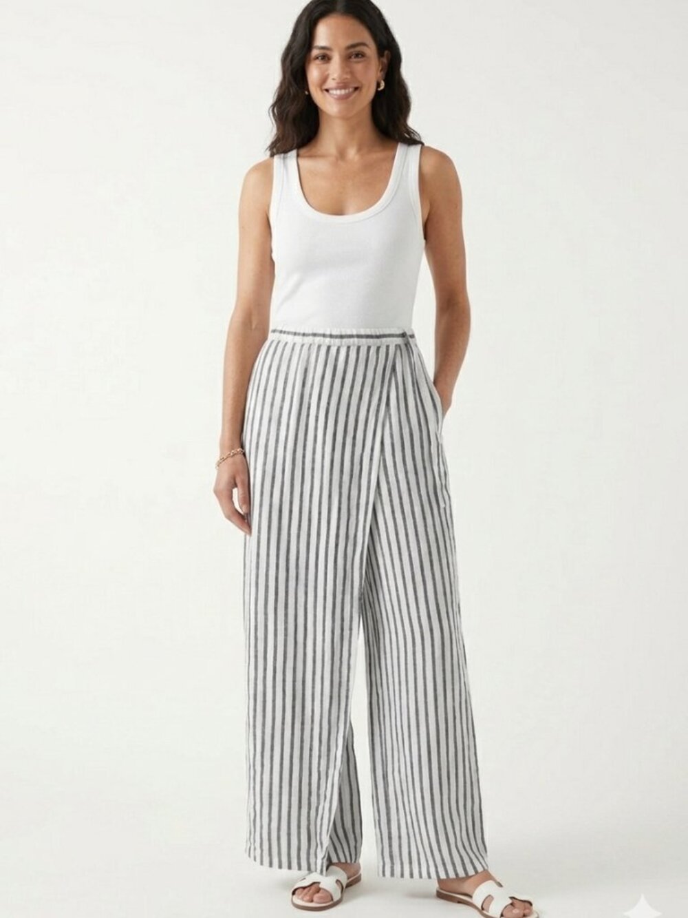 GRIZAS WHITE GREY 100% LINEN STRIPED PANELED WIDE LEG PANTS - XS